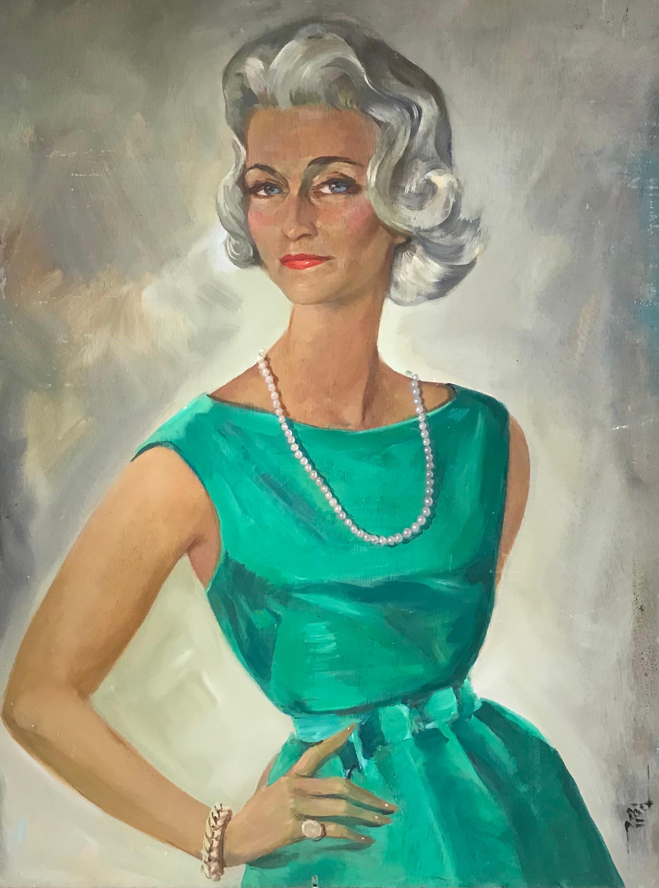 20th Century French School Figurative Painting - Huge 1960s French Signed Oil - Portrait of Fashionable Woman Emerald Green Dress