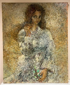 Huge French Modernist Pointillist Signed Painting Girl with Necklace White Dress