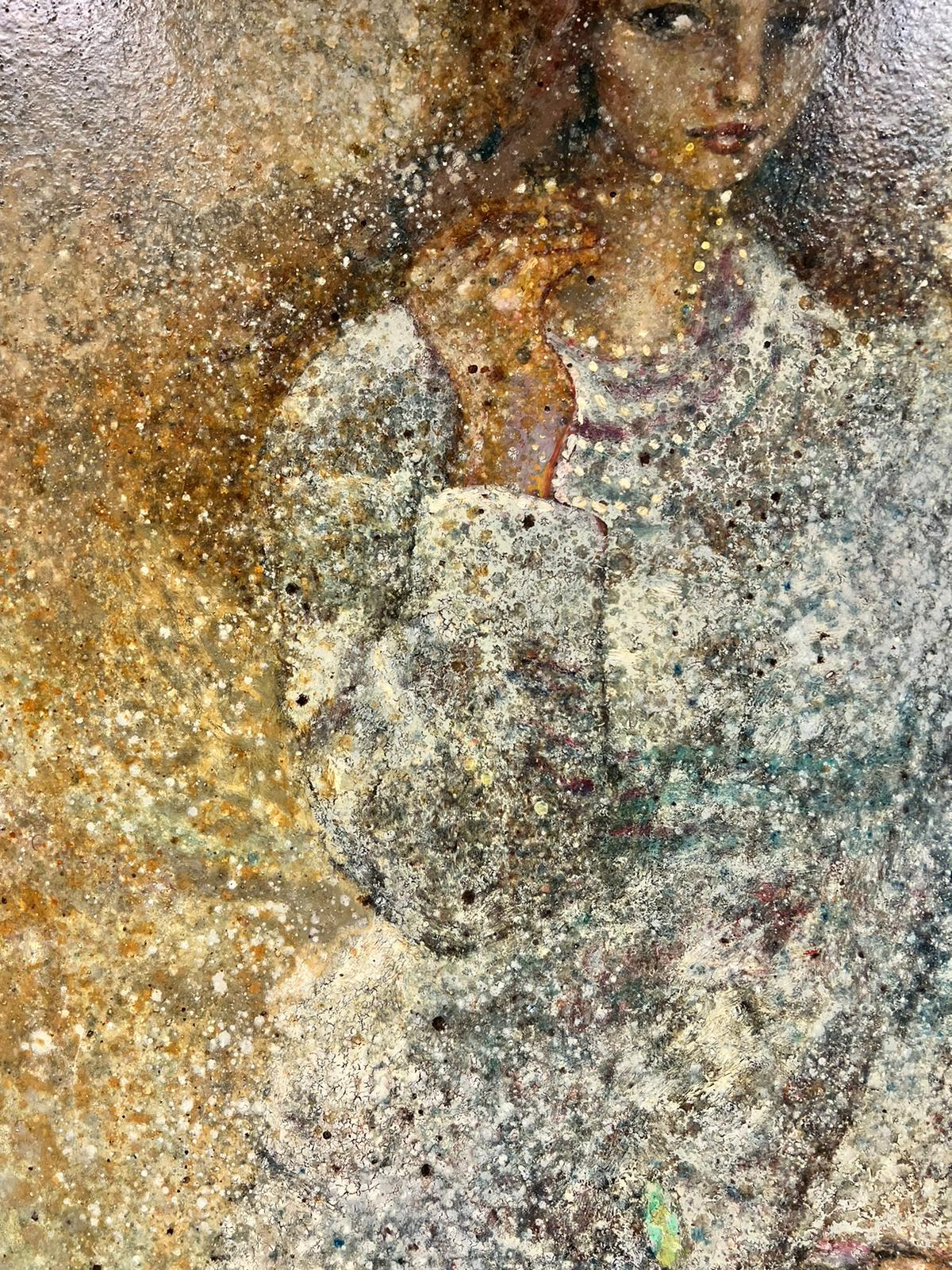 Enorme dipinto puntinista modernista francese firmato Ragazza con collana e abito bianco - Abstract Painting Marrone di 20th Century French School