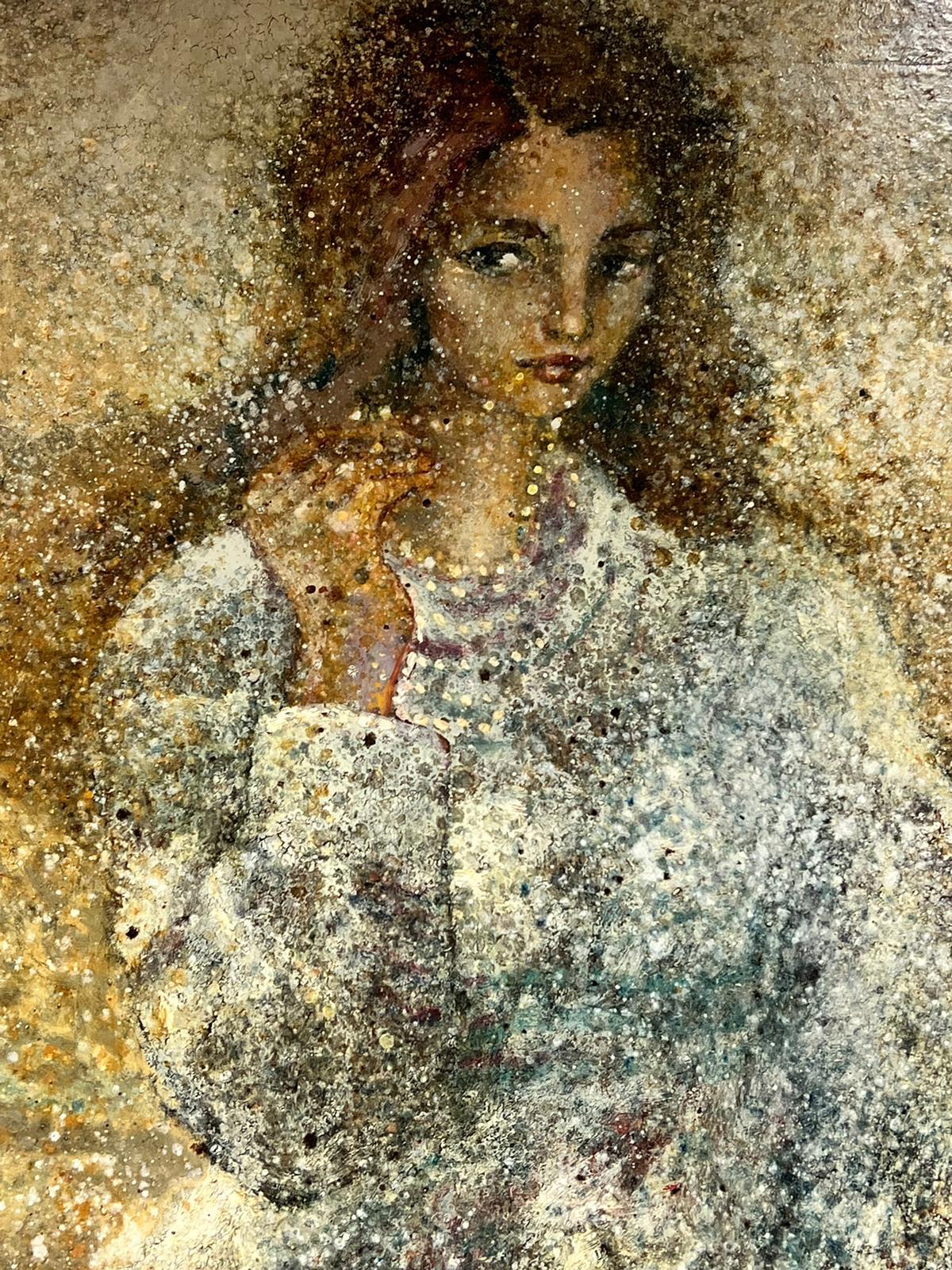 Huge French Modernist Pointillist Signed Painting Girl with Necklace White Dress For Sale 2