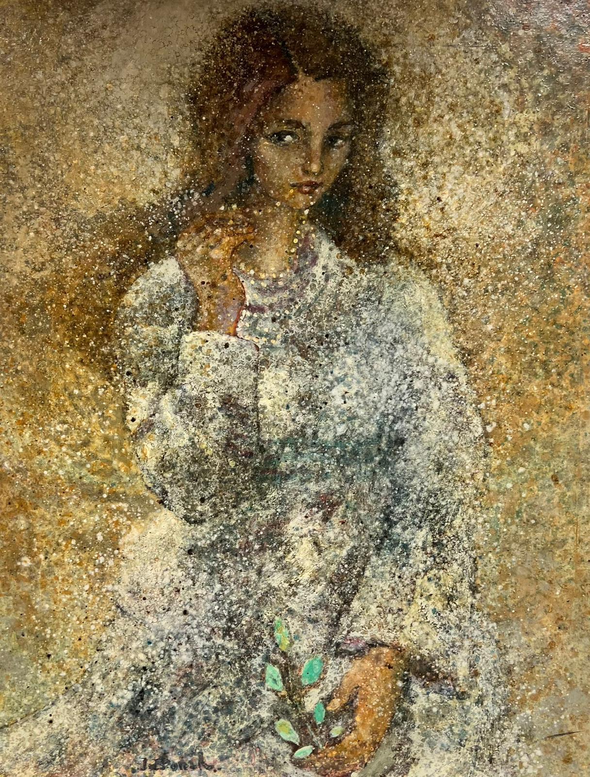 Huge French Modernist Pointillist Signed Painting Girl with Necklace White Dress