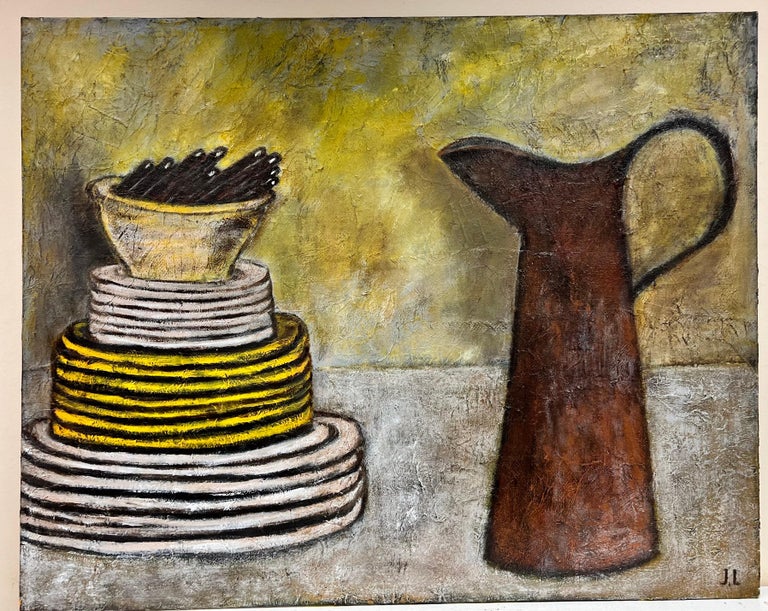 Huge French Modernist Signed Oil Still Life Jug & Plates Brown Yellow Beige  - Painting by 20th Century French School