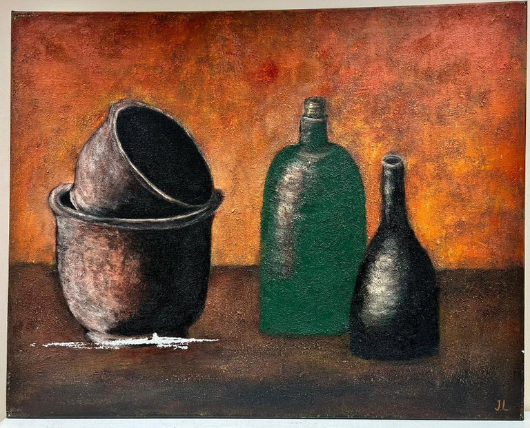 Huge French Modernist Signed Oil Urns & Pots Still Life Orange Purple Colors - Painting by 20th Century French School