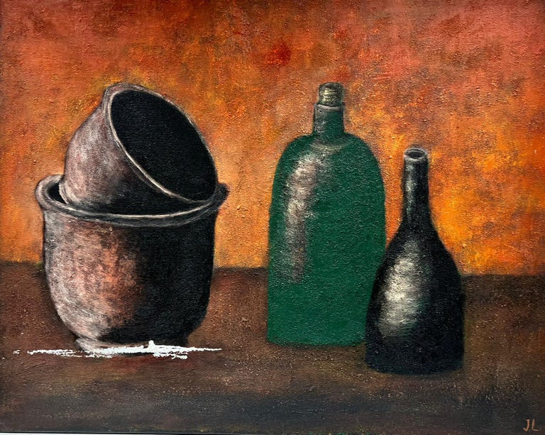20th Century French School Still-Life Painting - Huge French Modernist Signed Oil Urns & Pots Still Life Orange Purple Colors