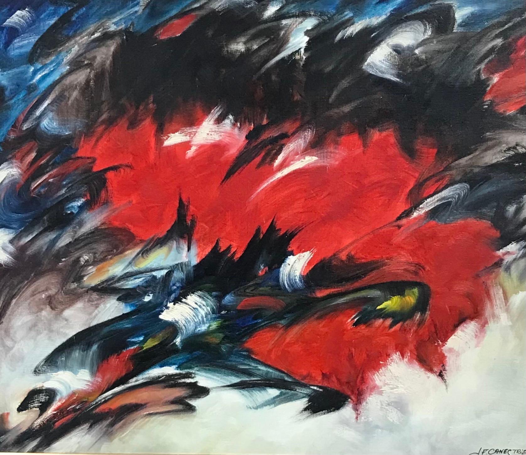 Abstract Painting di 20th Century French School - Impressionante e grande quadro astratto francese del 20° secolo firmato  - Rosso e nero