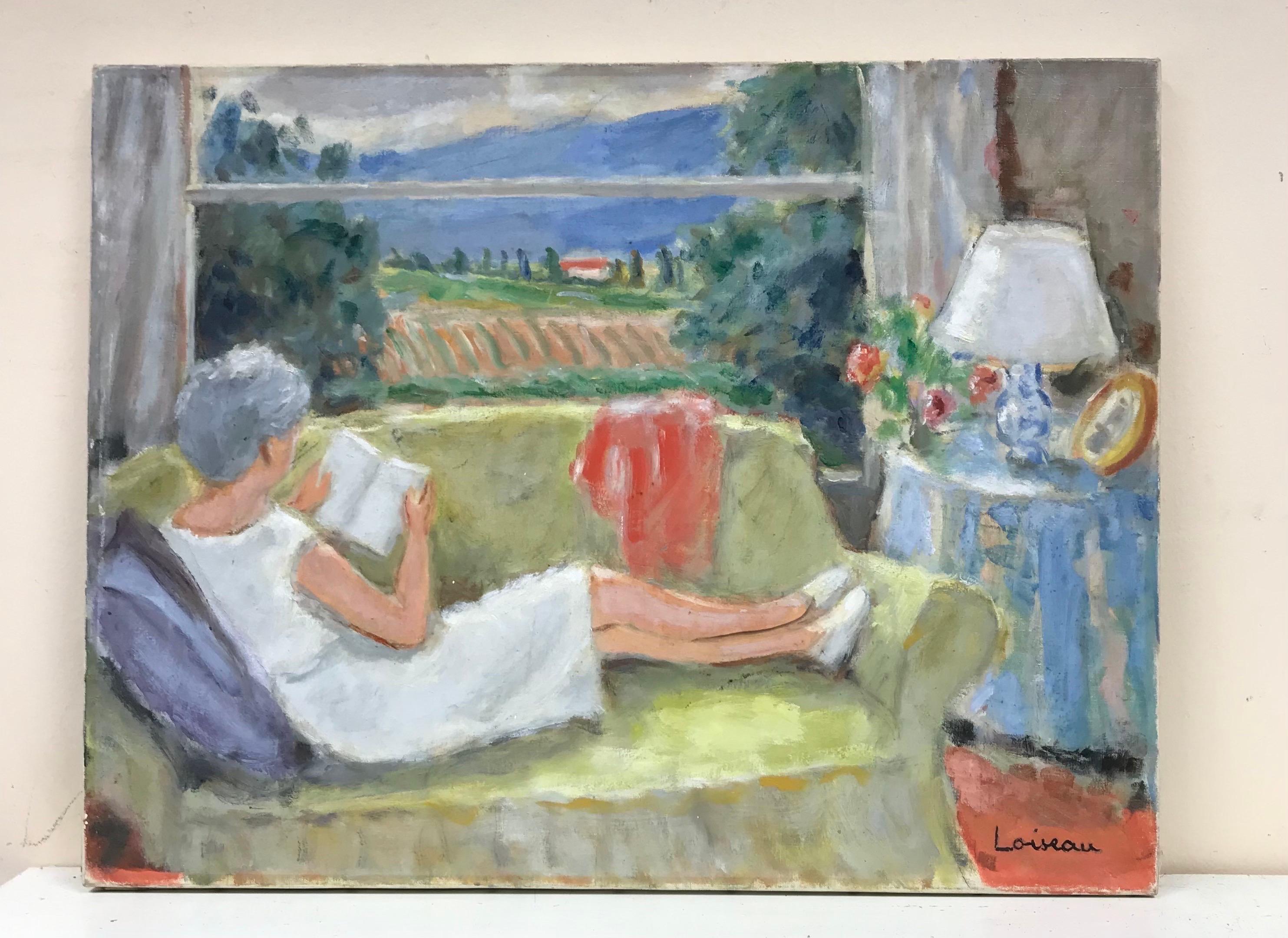 Lady Sitting in Interior Reading Book Window Overlooking Provence Landscape, oil - Painting by 20th Century French School