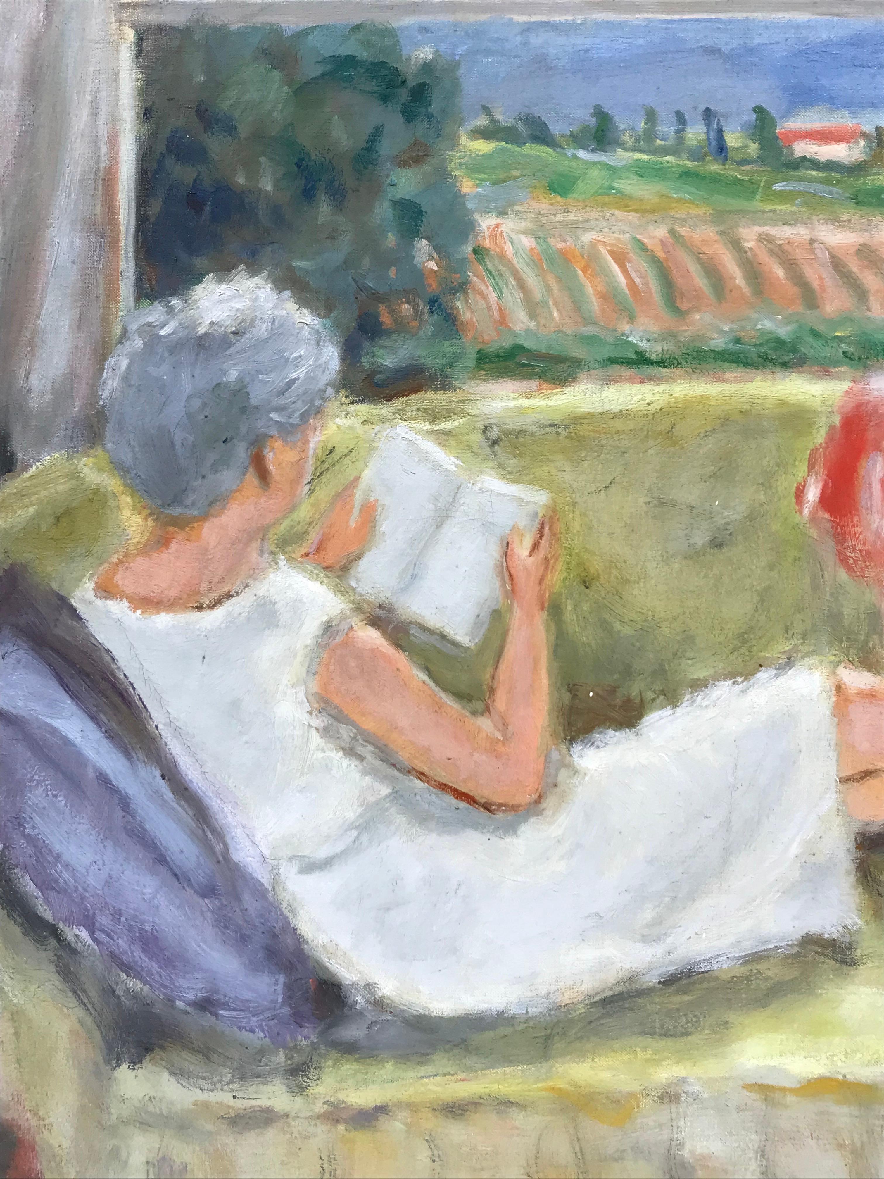 Lady Sitting in Interior Reading Book Window Overlooking Provence Landscape, huile - Impressionnisme Painting par 20th Century French School