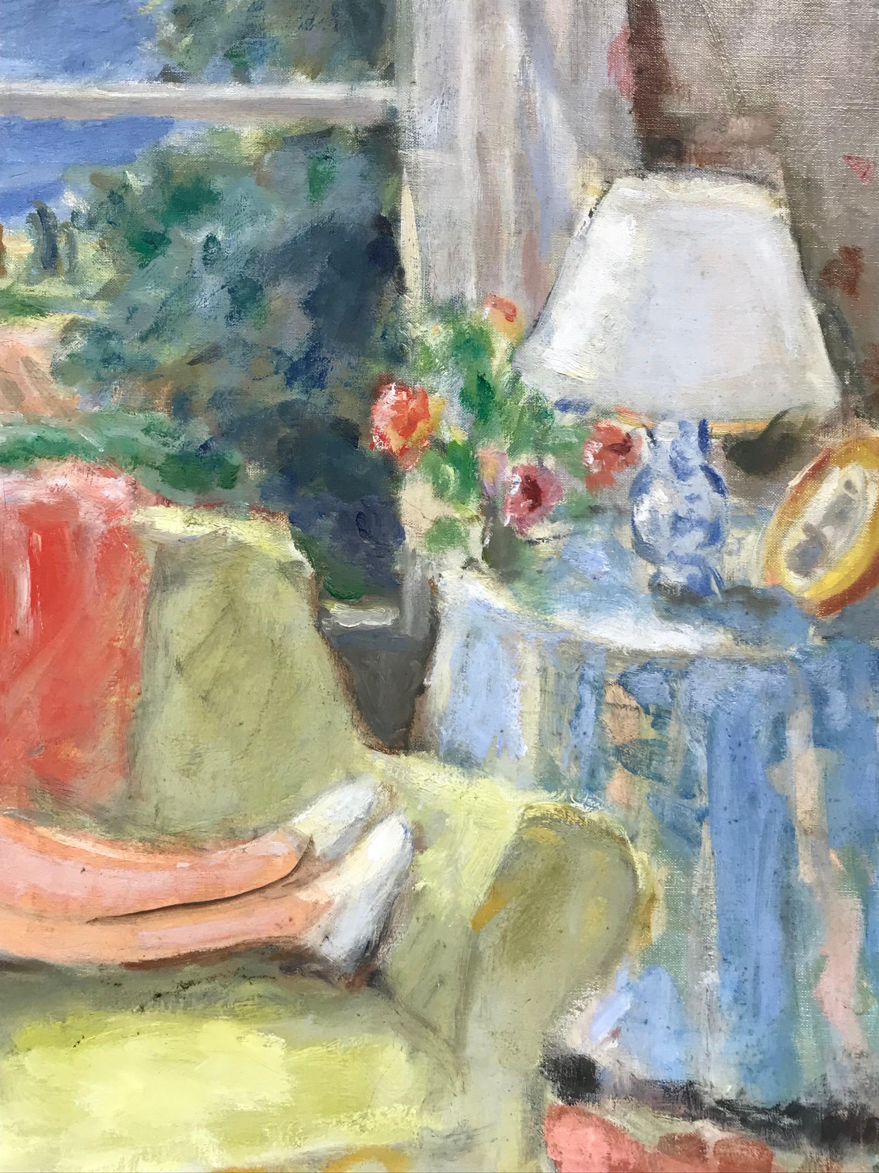 Lady Sitting in Interior Reading Book Window Overlooking Provence Landscape, oil - Impressionist Painting by 20th Century French School