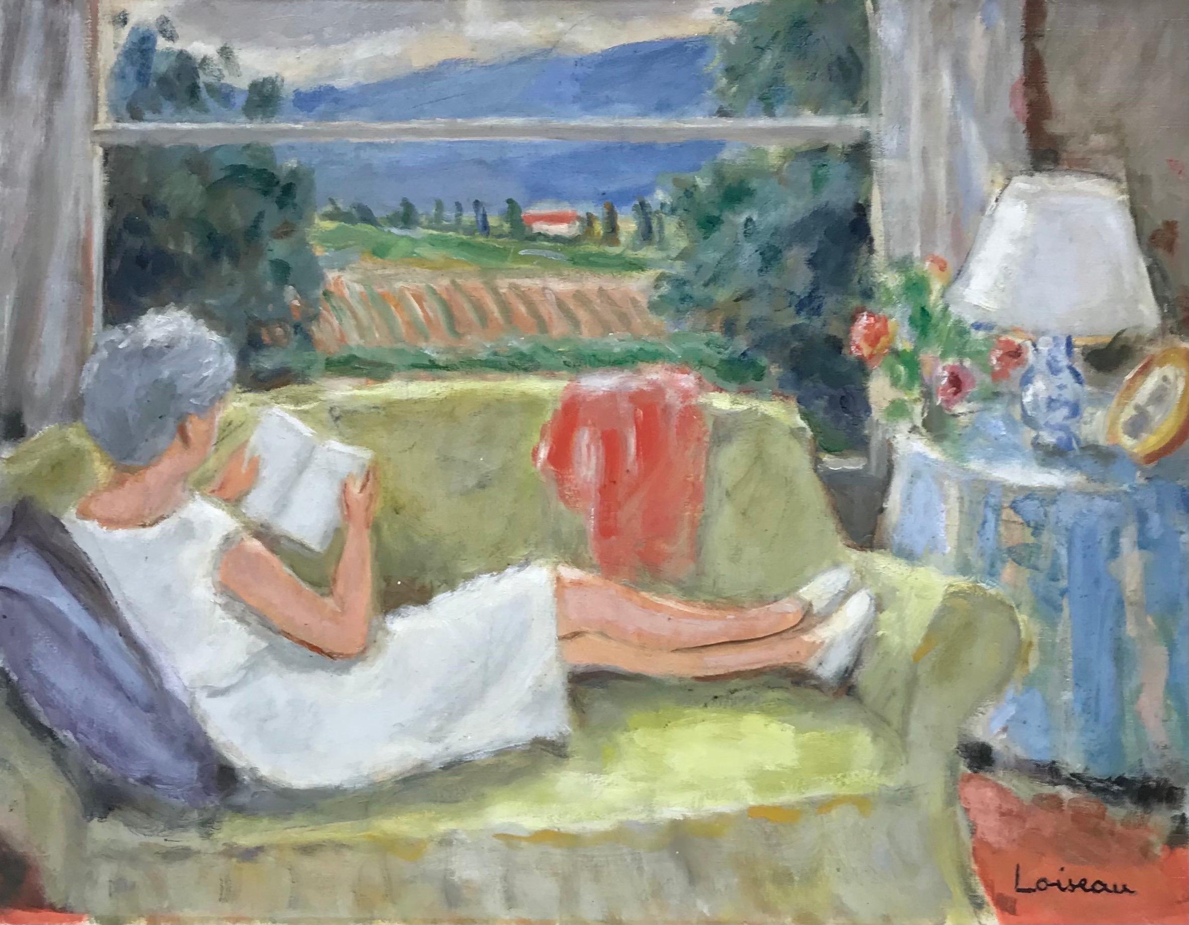 Lady Sitting in Interior Reading Book Window Overlooking Provence Landscape, oil