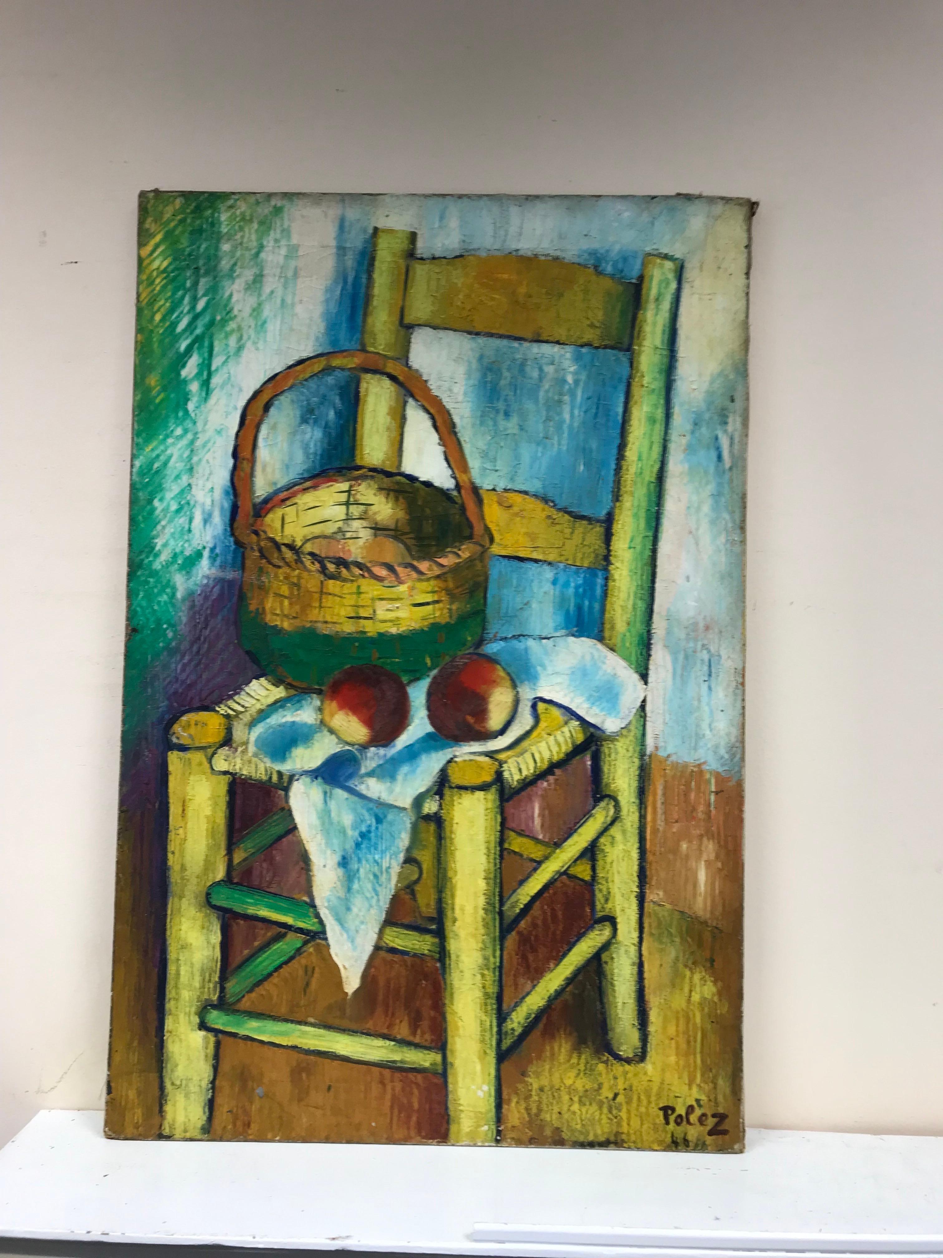 Large 1940's French Post-Impressionist Signed Oil - Old Chair with Fruit  - Painting by 20th Century French School
