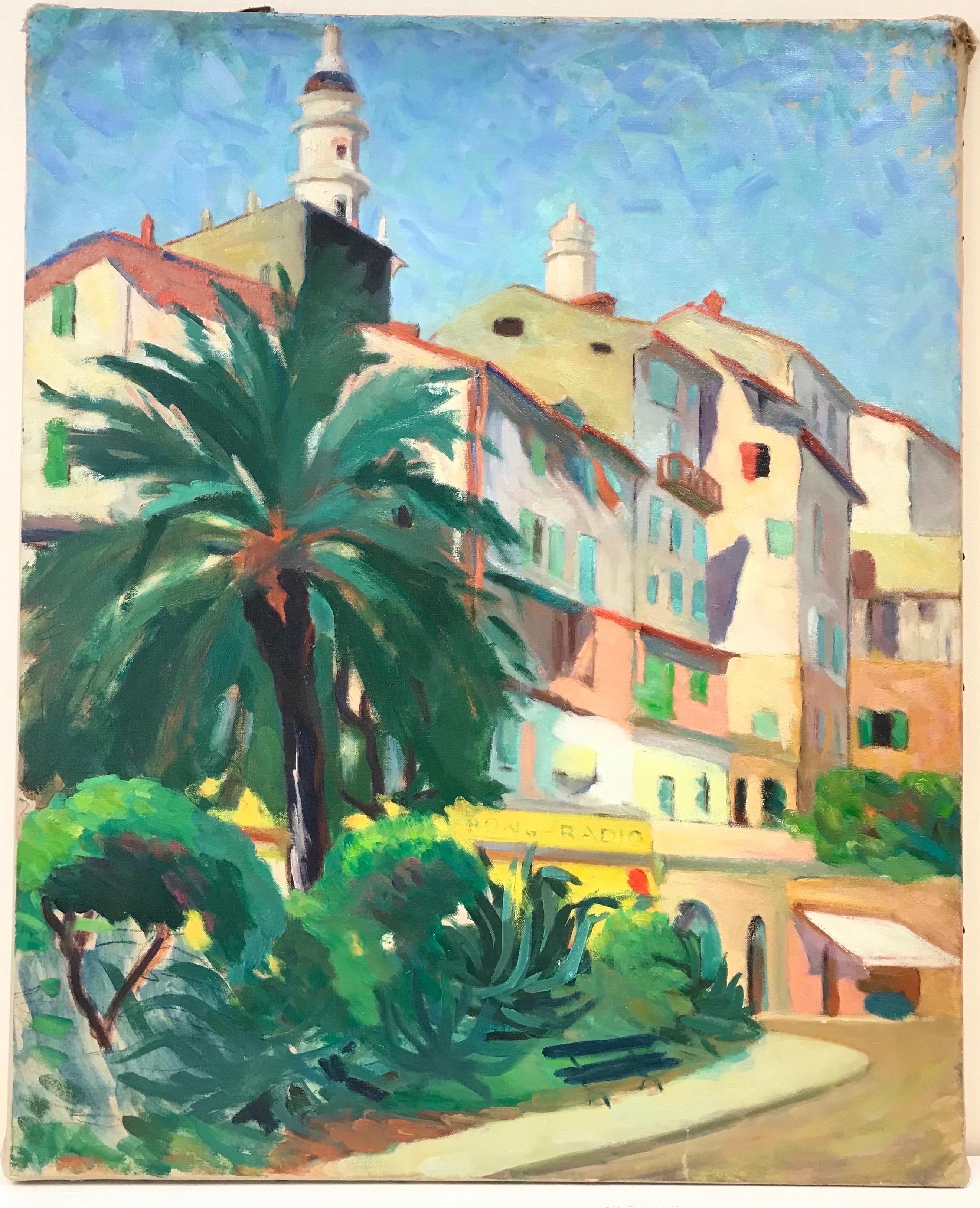 Large 1950's French Fauvist Oil Provencal Street Colorful Sunny Houses - Painting by 20th Century French School