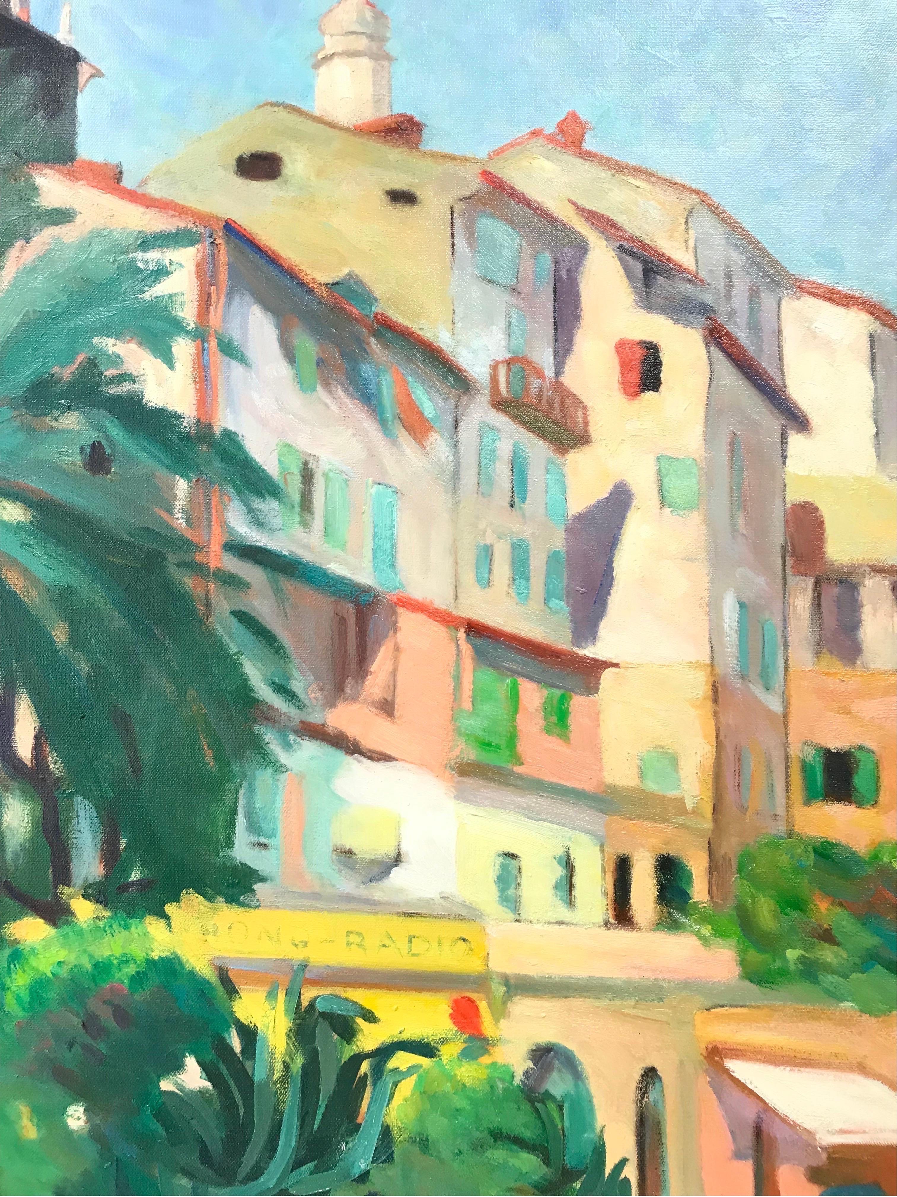 Large 1950's French Fauvist Oil Provencal Street Colorful Sunny Houses - Gray Landscape Painting by 20th Century French School