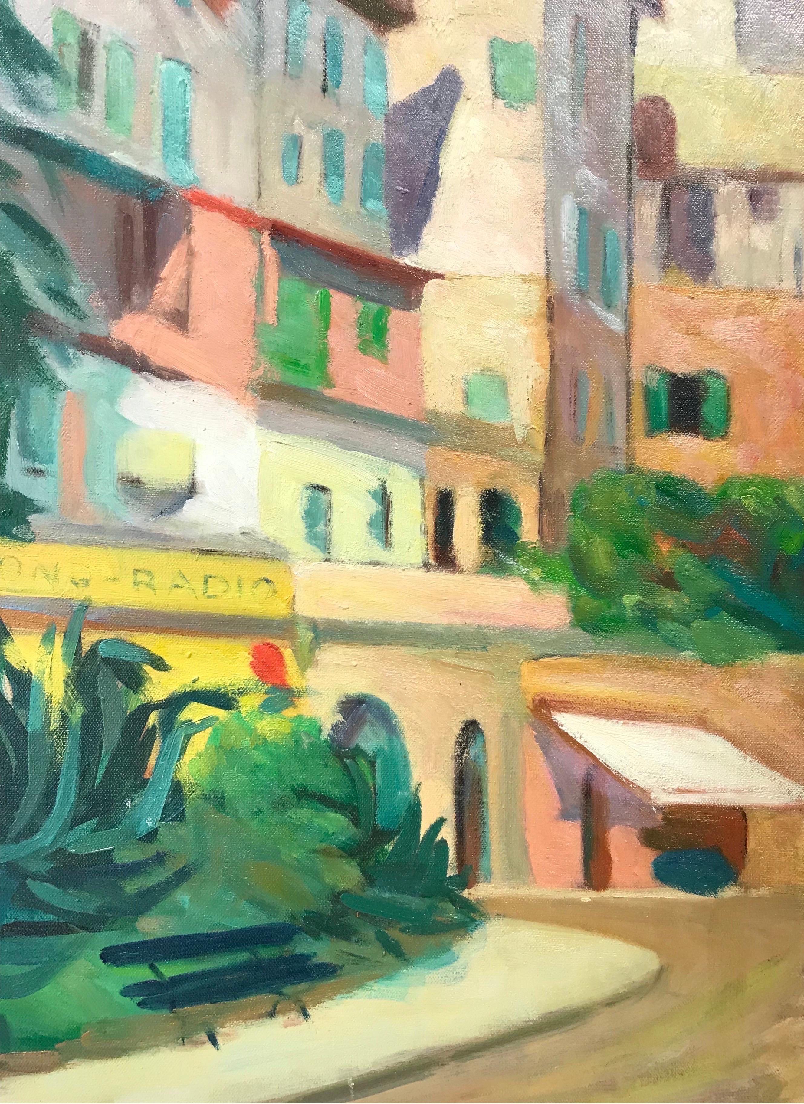 Artist/ School: French School, circa 1950's

Title: Sunny Provencal Street Scene

Medium: oil on canvas, unframed

Canvas: 31.5 x 25.75 inches

Provenance: private collection, France

Condition: The painting is in overall very good and sound