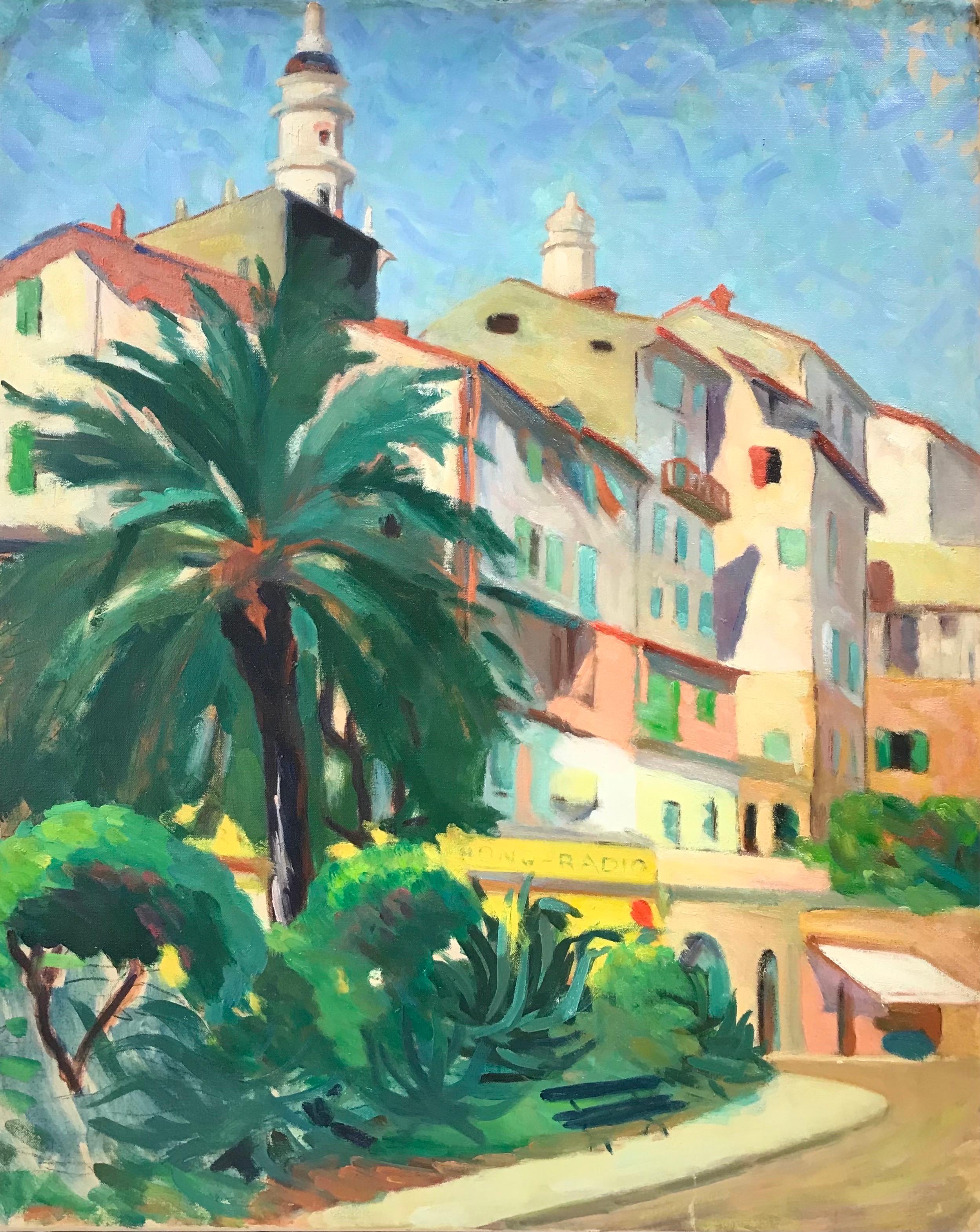 Large 1950's French Fauvist Oil Provencal Street Colorful Sunny Houses