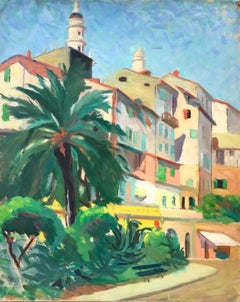 Grande huile fauviste française des années 1950 Rue provençale colorée et ensoleillée Maisons