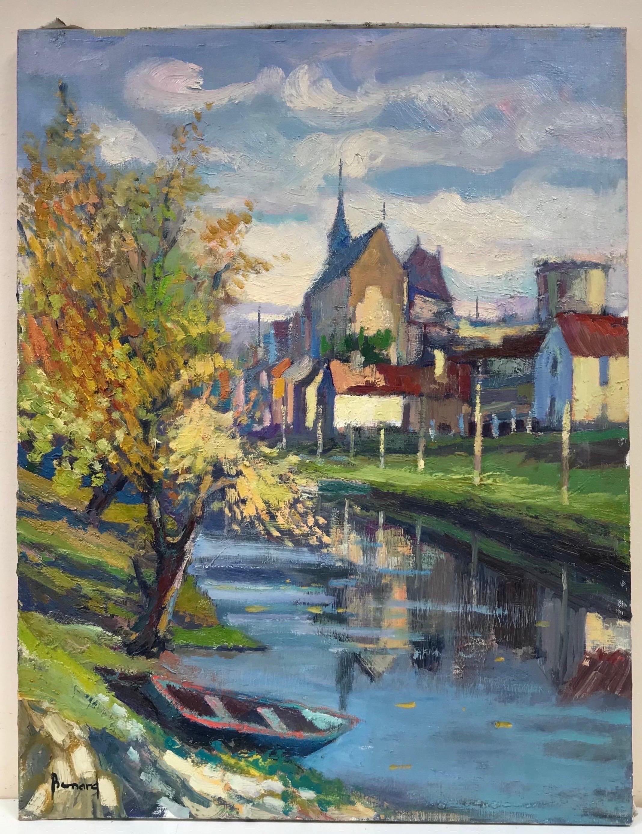 Large French Impressionist Signed Oil Tranquil River Landscape through old Town - Painting by 20th Century French School