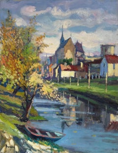 Large French Impressionist Signed Oil Tranquil River Landscape through old Town