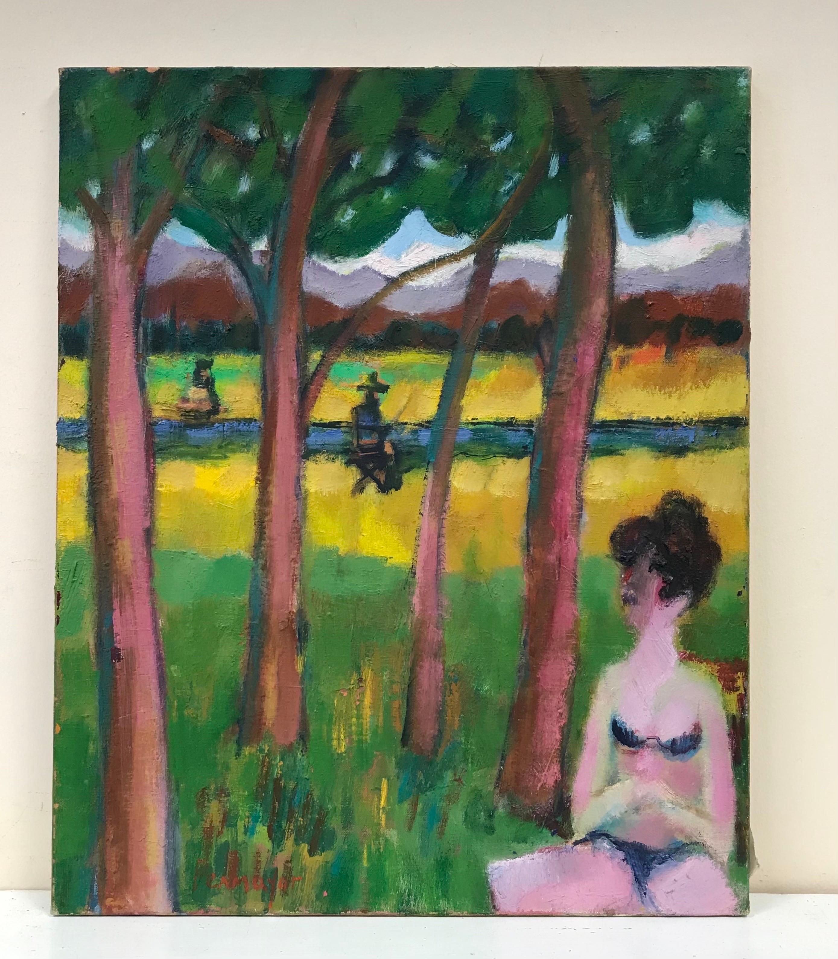Large French Modernist Signed Oil, Lady in Bikini in Meadows by River - Painting by 20th Century French School
