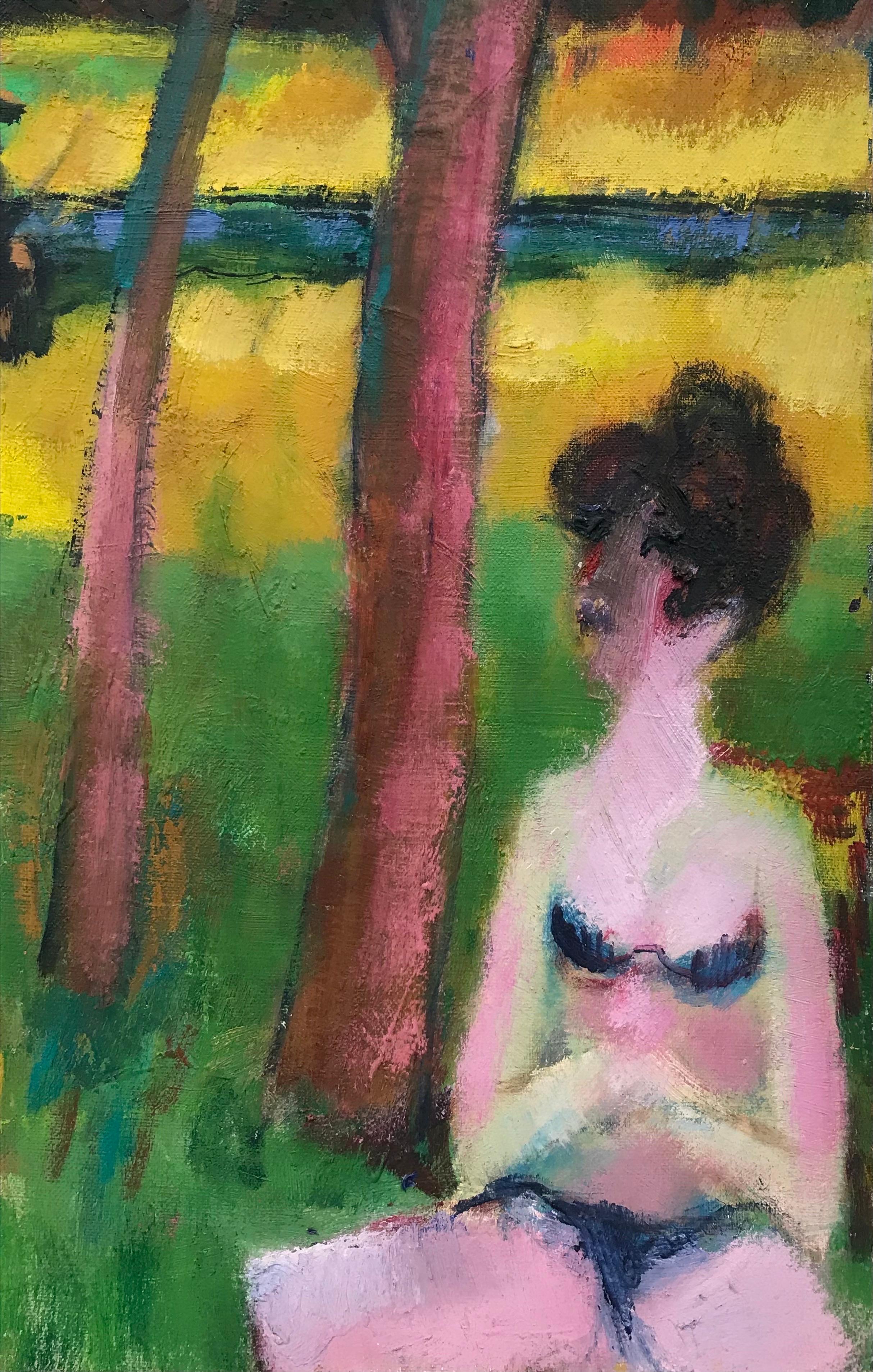 Artist/ School: French School, late 20th century, indistinctly signed

Title: Modernist painting depicting a lady in a bikini sunbathing in a meadow, river and anglers behind. 

Medium: oil on canvas, unframed

Canvas: 24 x 19.75 inches

Provenance: