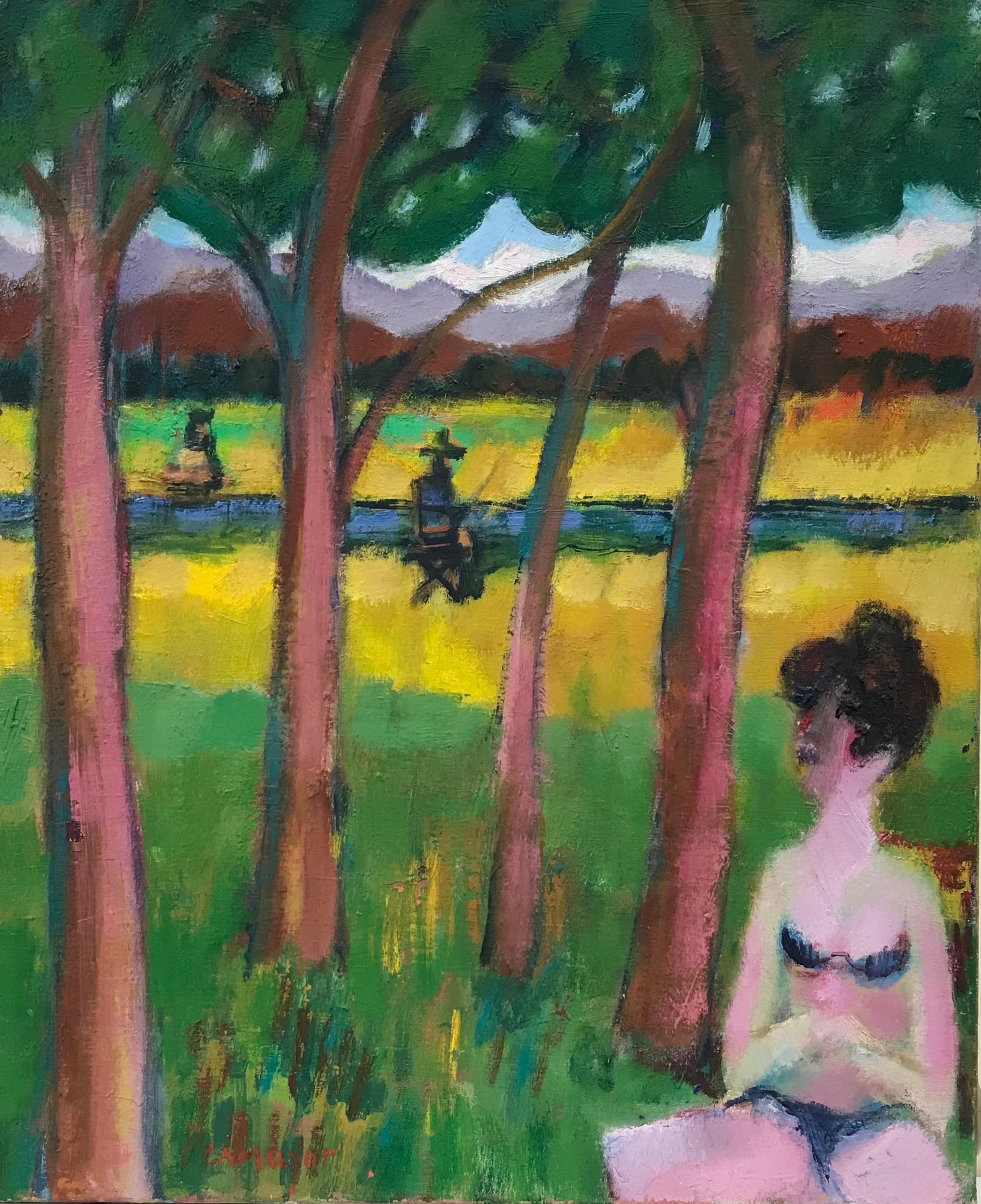 20th Century French School Figurative Painting - Large French Modernist Signed Oil, Lady in Bikini in Meadows by River