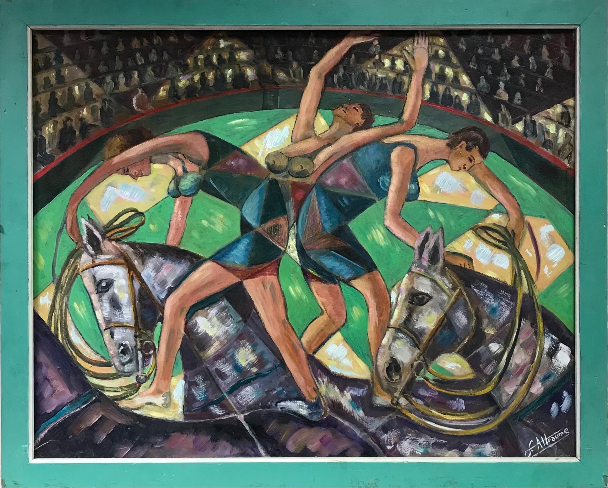 Large French Signed Oil - Abstract Circus Performers Acrobats on Horseback - Painting by 20th Century French School