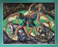 Large French Signed Oil - Abstract Circus Performers Acrobats on Horseback