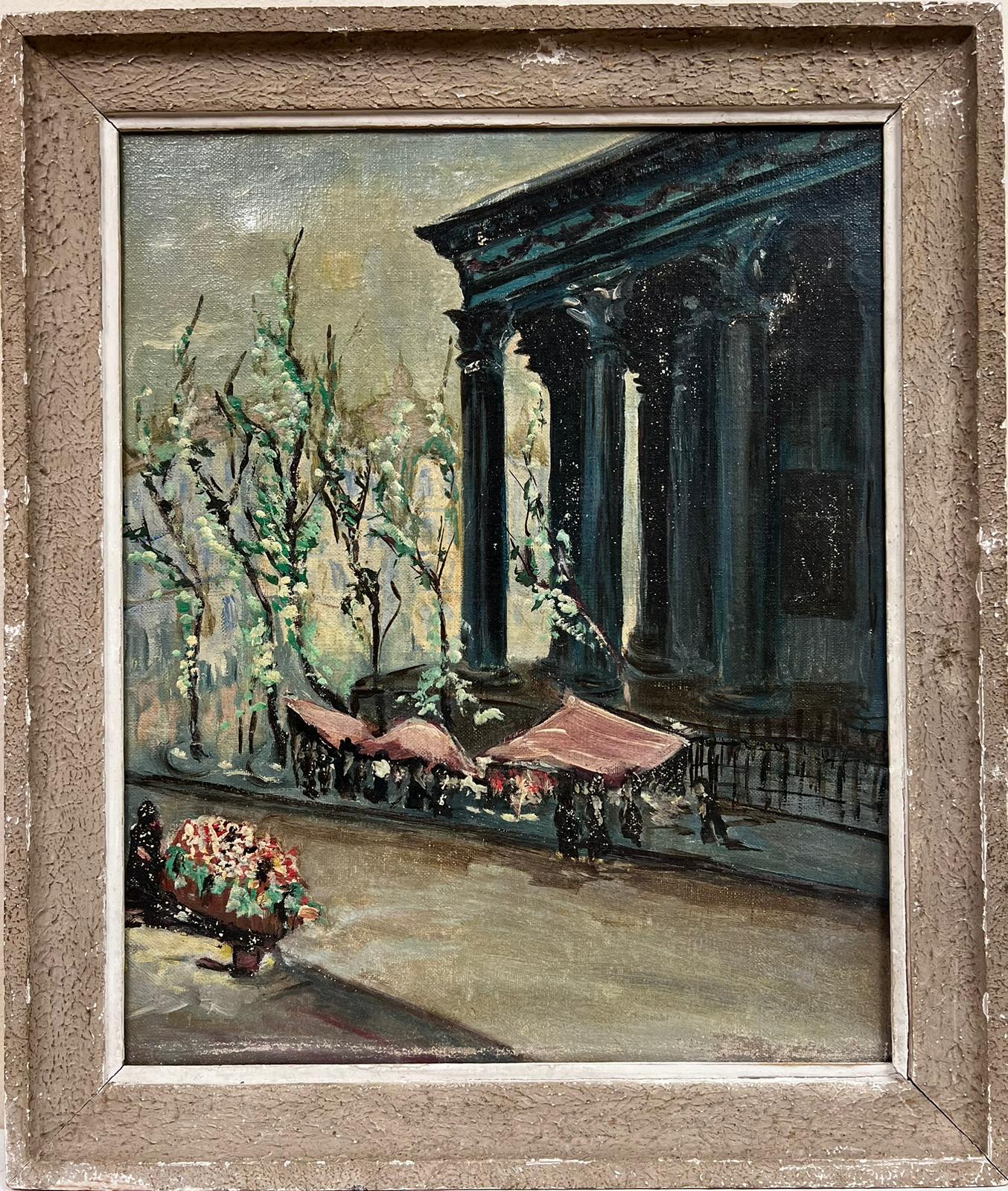 Mid 20th Century French Oil - Flower Market Paris Place de la Madeleine - Painting by 20th Century French School