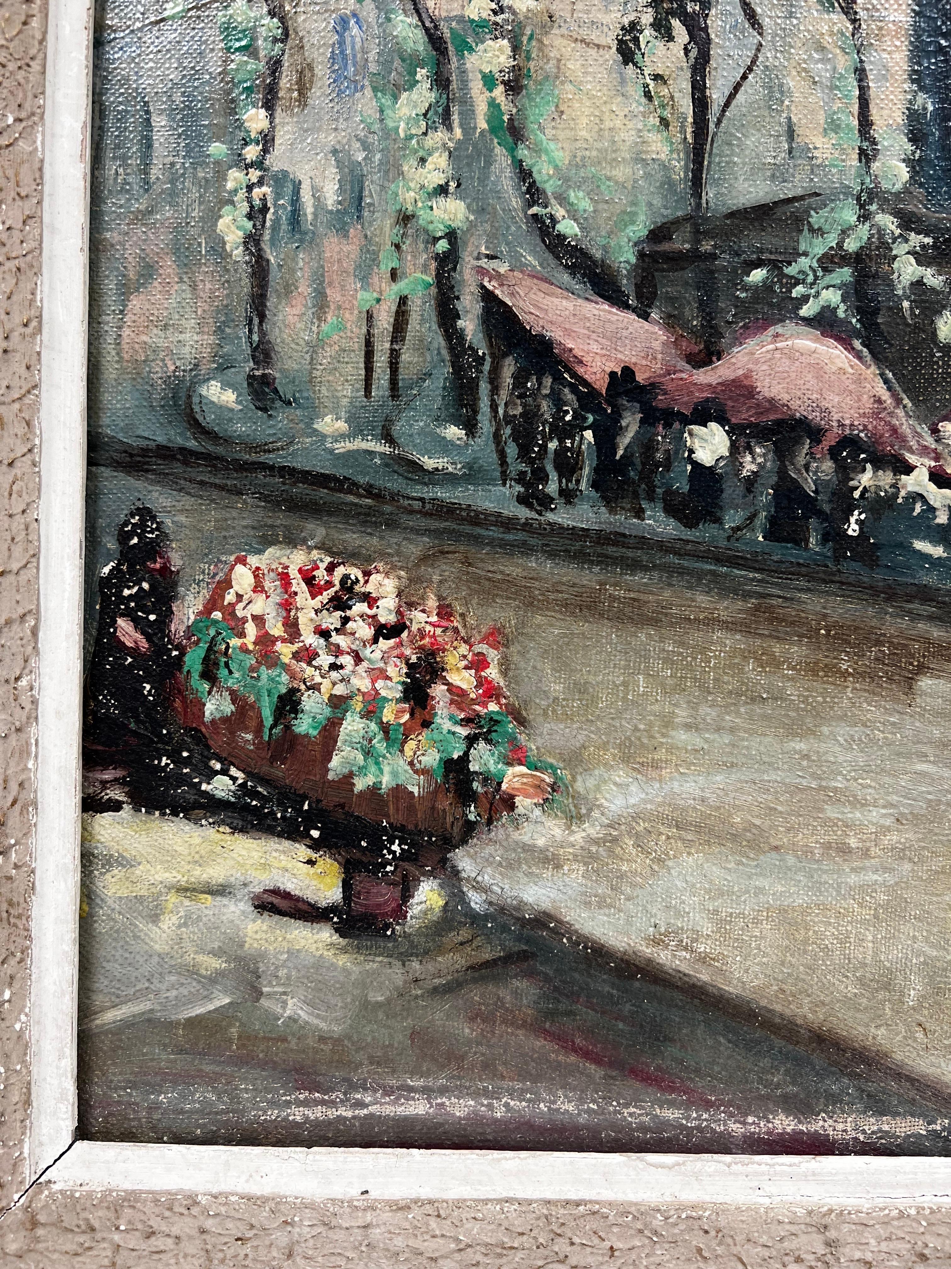 Mid 20th Century French Oil - Flower Market Paris Place de la Madeleine - Impressionist Painting by 20th Century French School