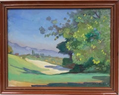 Mid 20th Century French Signed Oil - Atmospheric Green Landscape Mountains View