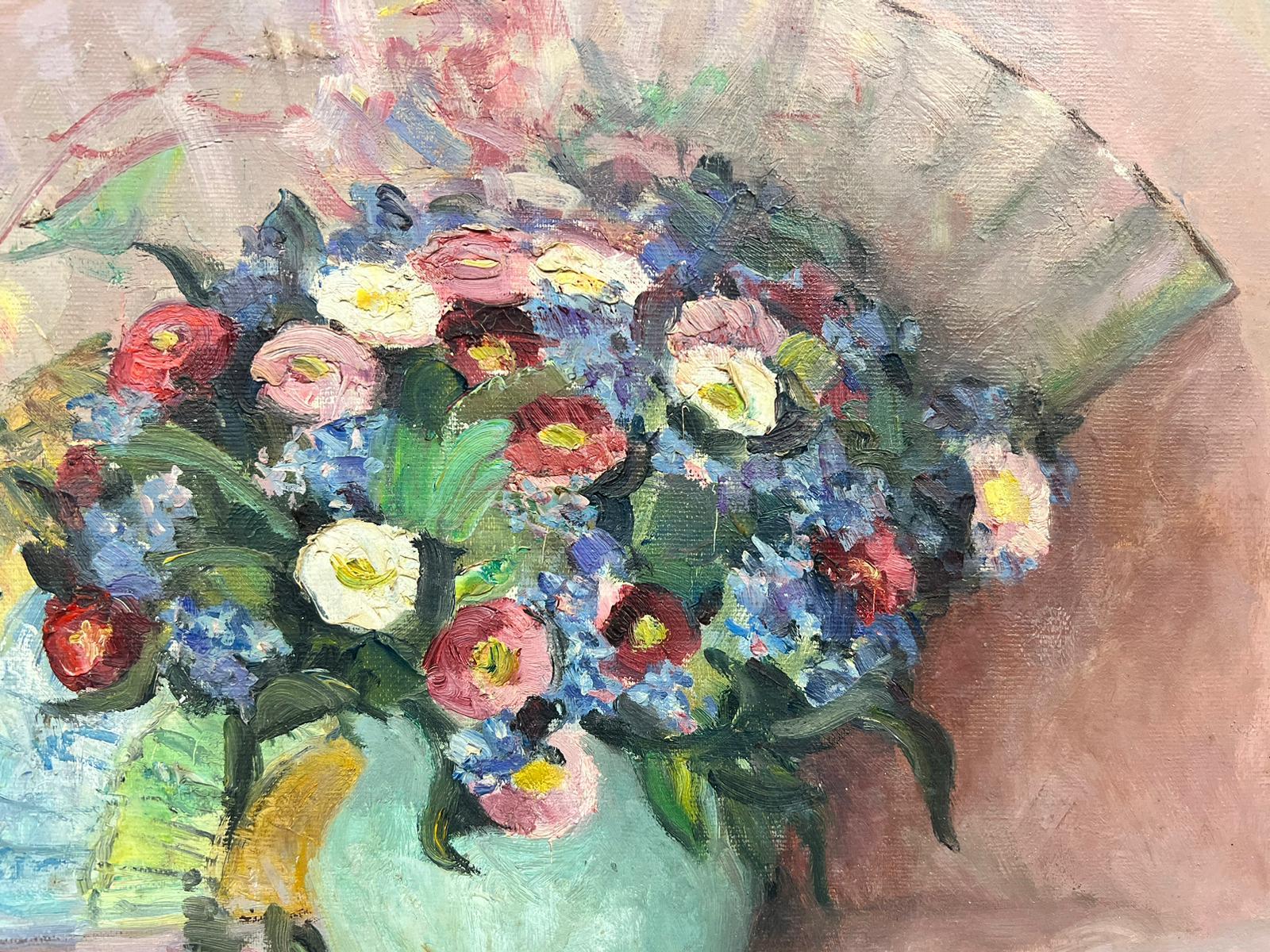 Französische signierte Ölvase mit schönen Blumen in Teal, Rosa Rücken, Mitte des 20. Jahrhunderts im Angebot 1