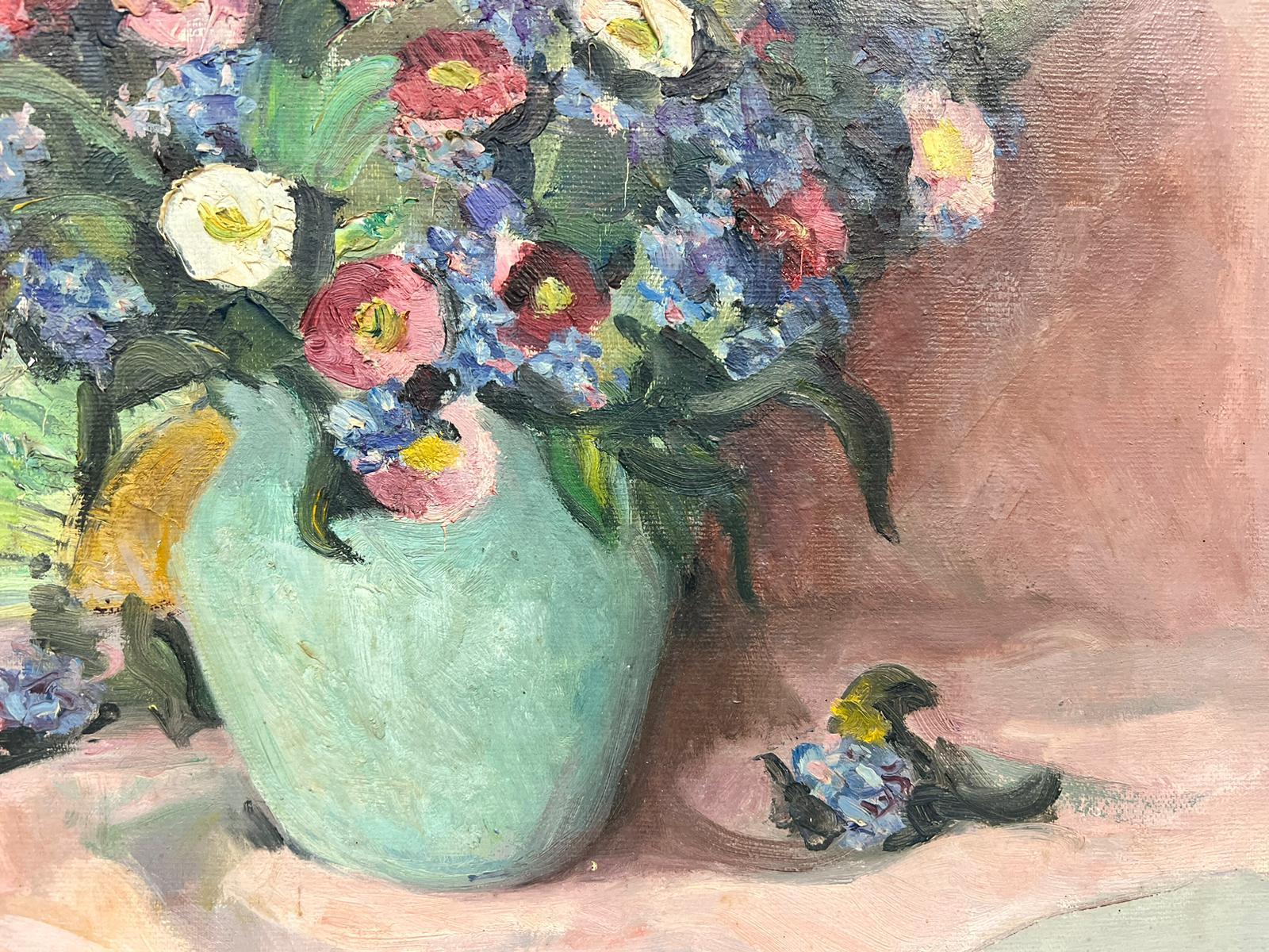 Mid 20th Century French Signed Oil Beautiful Flowers in Teal Vase Pink Back For Sale 1