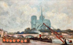 Mid 20th Century French Signed Oil River Seine Paris Notre Dame Barge Boats