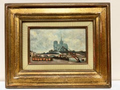 Mid 20th Century French Signed Oil River Seine Paris Notre Dame Barge Boats