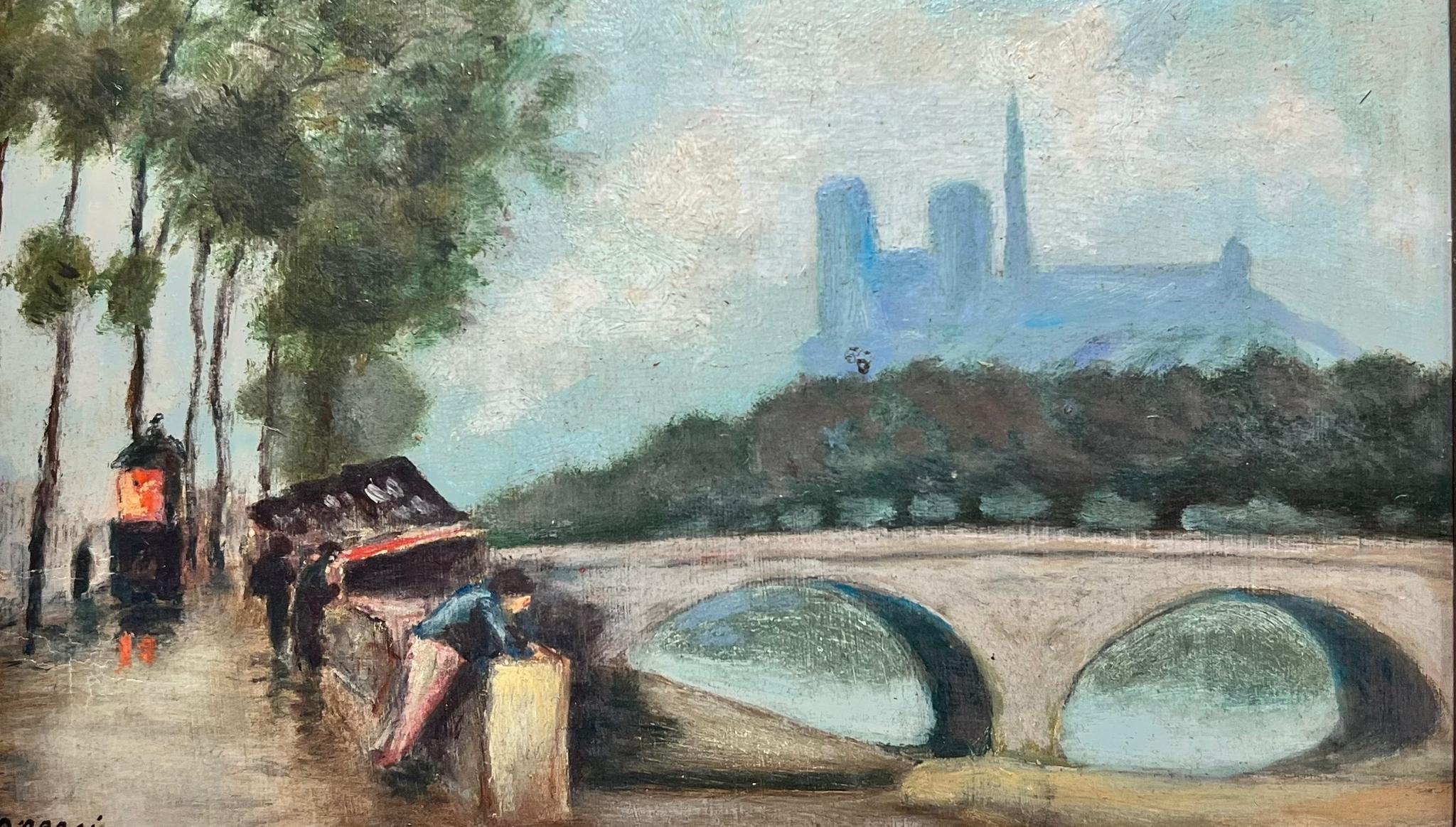 Mid 20th Century French Signed Oil River Seine Paris Notre Dame Book sellers - Painting by 20th Century French School