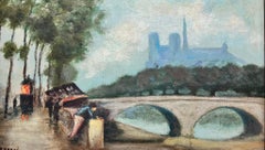 Mid 20th Century French Signed Oil River Seine Paris Notre Dame Book sellers