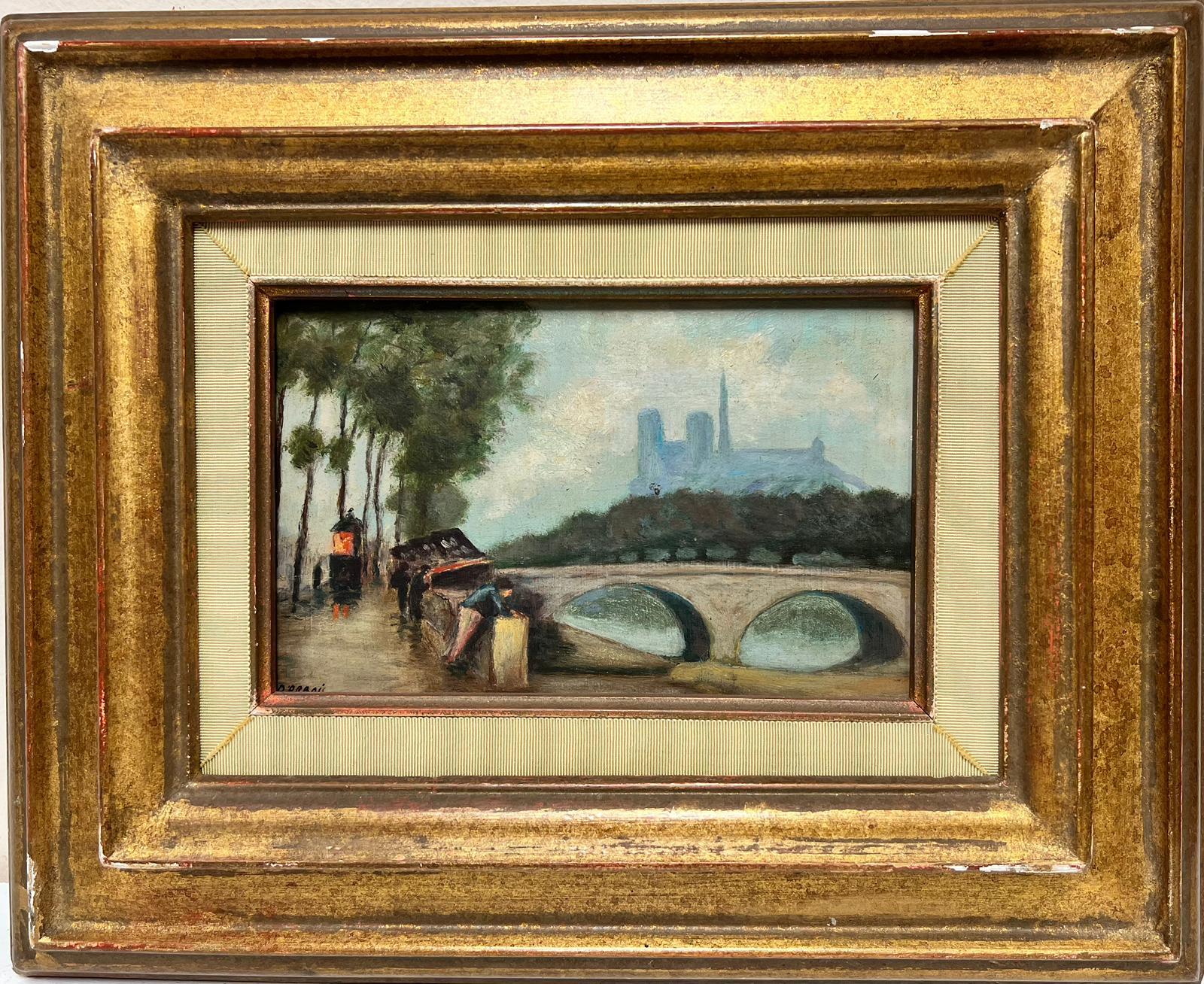 20th Century French School Landscape Painting - Mid 20th Century French Signed Oil River Seine Paris Notre Dame Book sellers