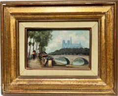 Retro Mid 20th Century French Signed Oil River Seine Paris Notre Dame Book sellers