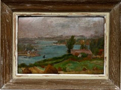 Mid 20th Century Moody French Landscape Coastal Inlet Estuary with Houses