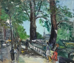 Vintage Mid 20th Century Paris Oil Painting Book Sellers along the River Seine