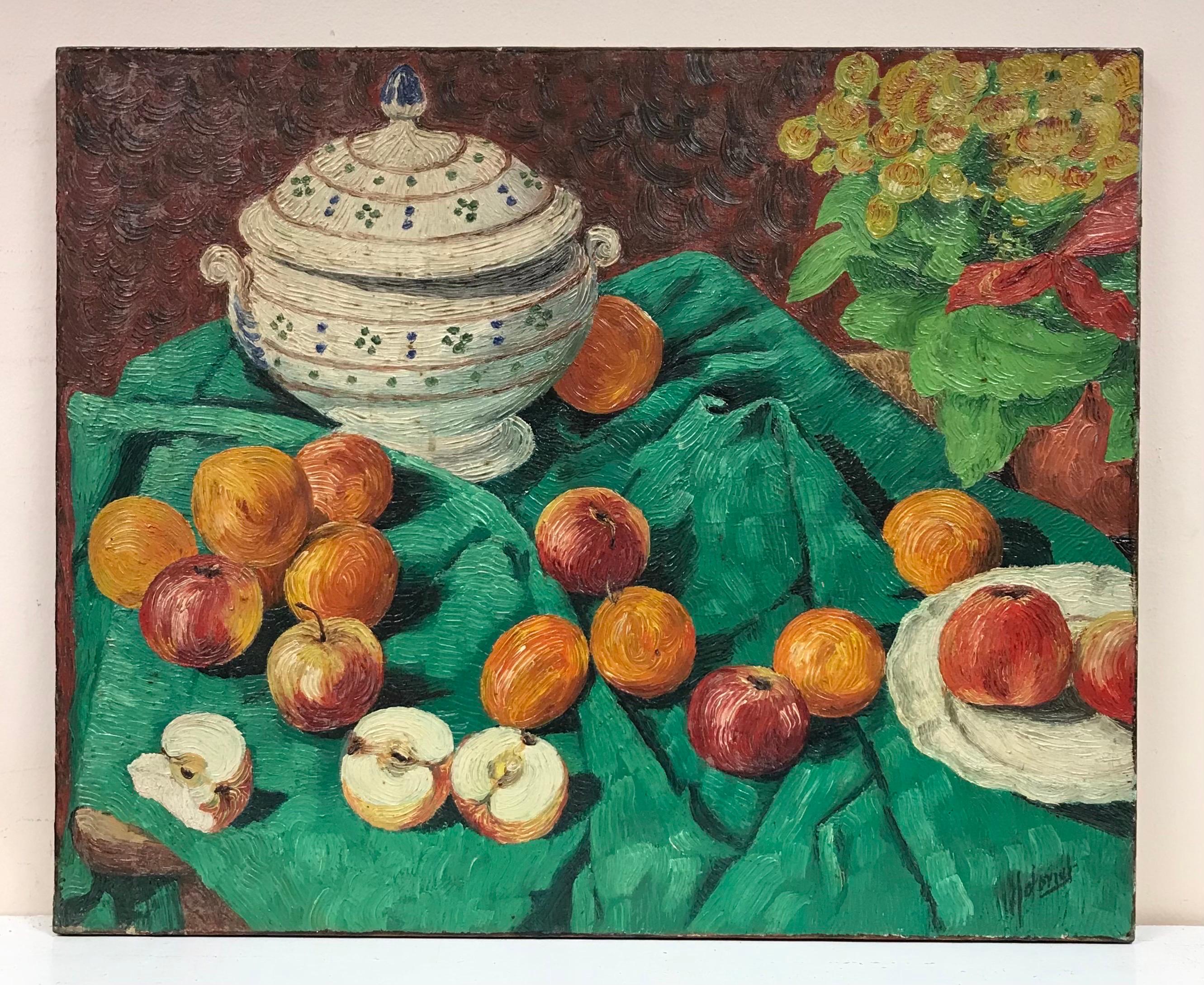 Mid Century French Post-Impressionist Signed Oil Apples on Green Table Interior - Painting by 20th Century French School