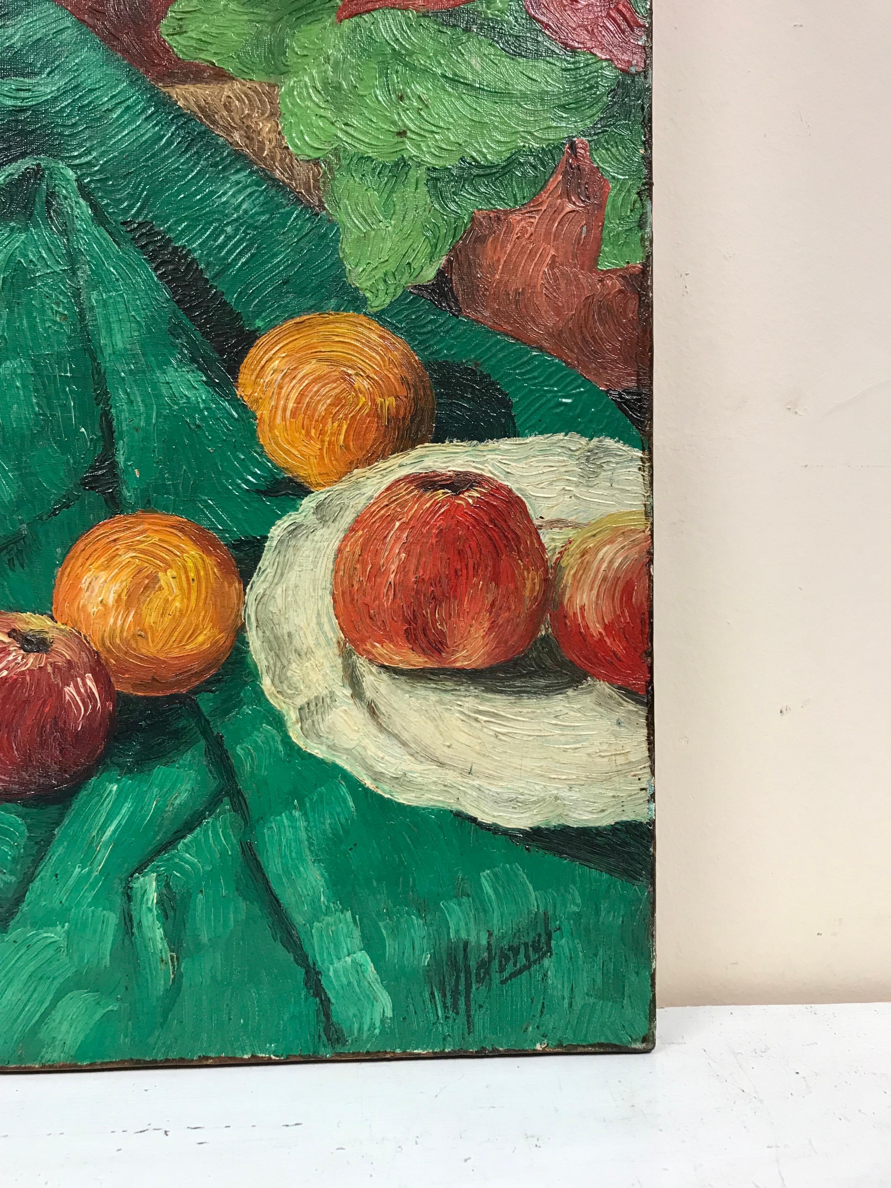 Mid Century French Post-Impressionist Signed Oil Apples on Green Table Interior For Sale 1