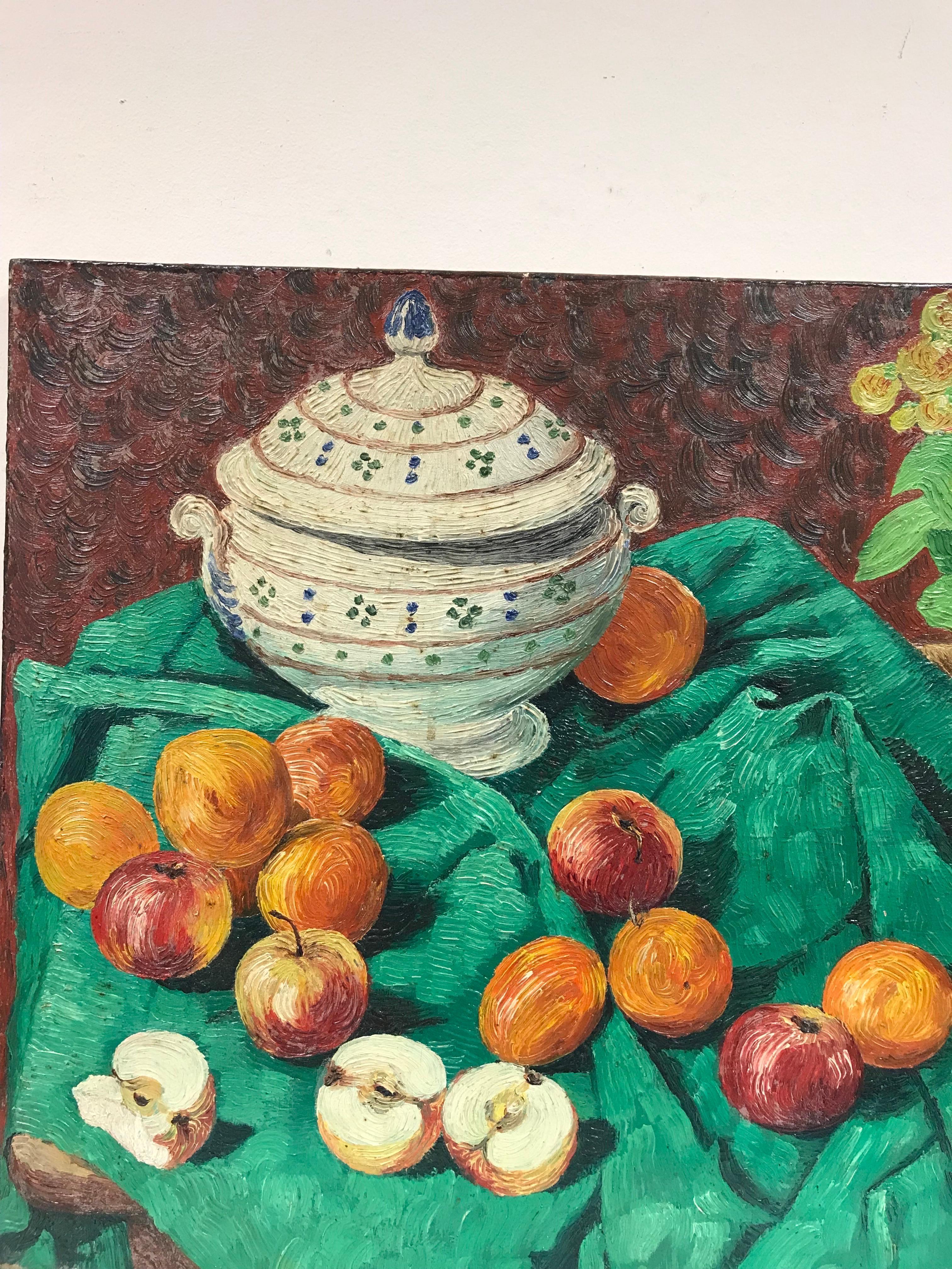 Mid Century French Post-Impressionist Signed Oil Apples on Green Table Interior For Sale 2