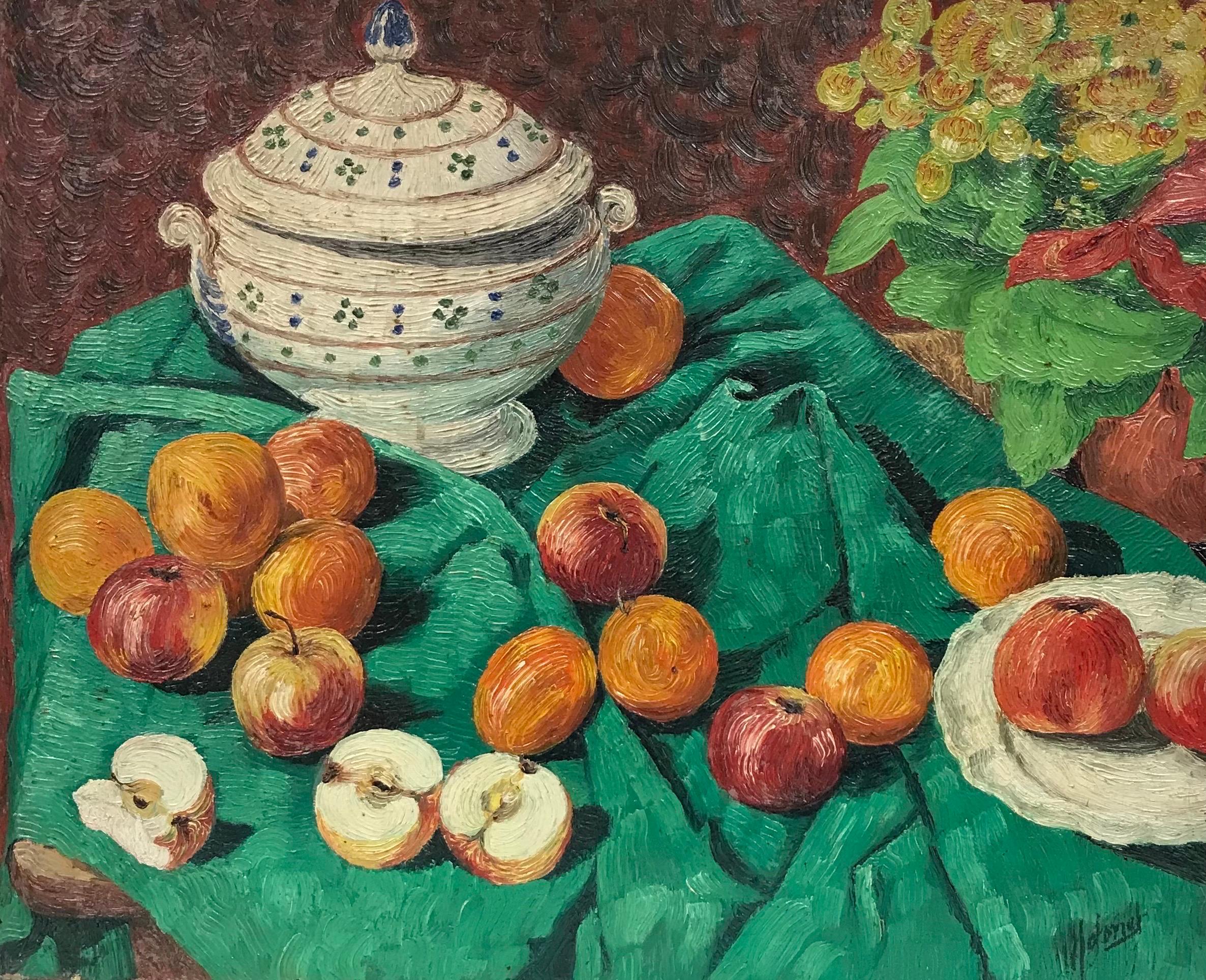 Mid Century French Post-Impressionist Signed Oil Apples on Green Table Interior