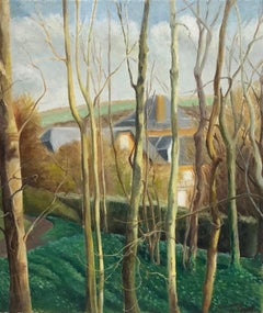 Paysage impressionniste français à l'huile signé, Paysage de bois avec arbres dans la vallée