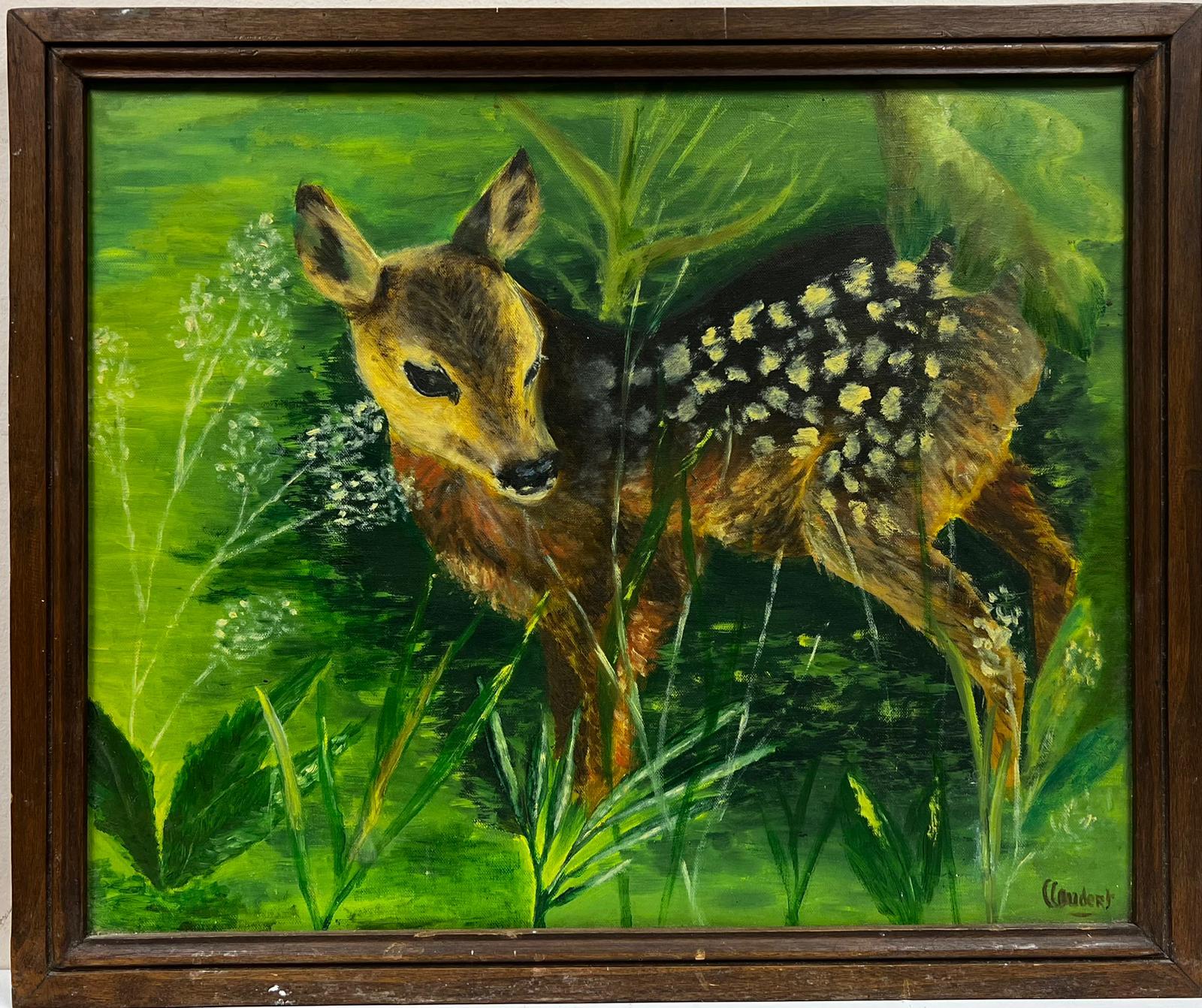 Signed French Oil Portrait of a Fawn Baby Deer in Green Landscape - Painting by 20th Century French School