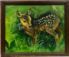 Signed French Oil Portrait of a Fawn Baby Deer in Green Landscape