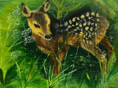 Signed French Oil Portrait of a Fawn Baby Deer in Green Landscape