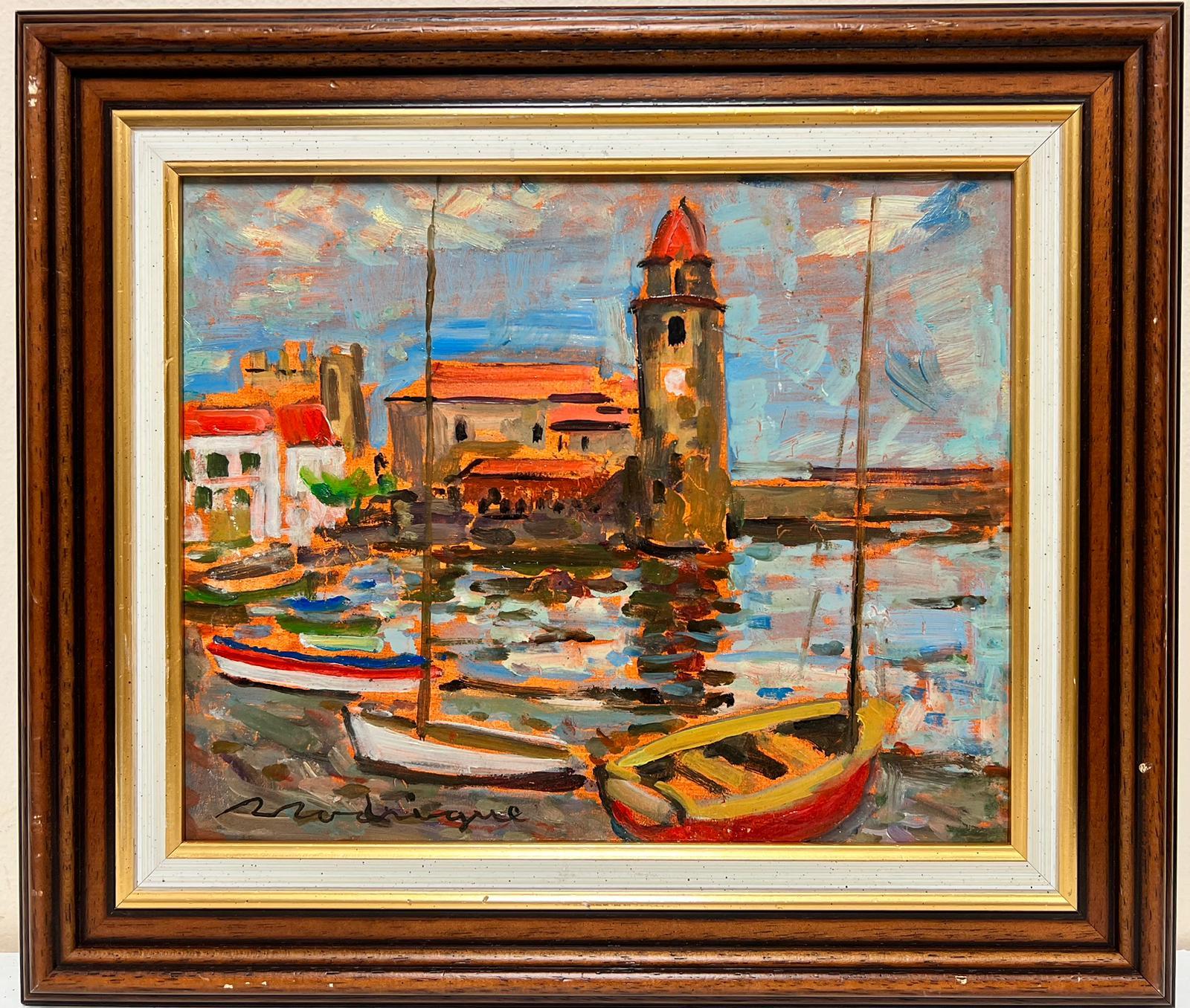 Signed French Post Impressionist Oil Collioure Harbor Fishing Boats France - Painting by 20th Century French School