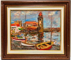 Signed French Post Impressionist Oil Collioure Harbor Fishing Boats France
