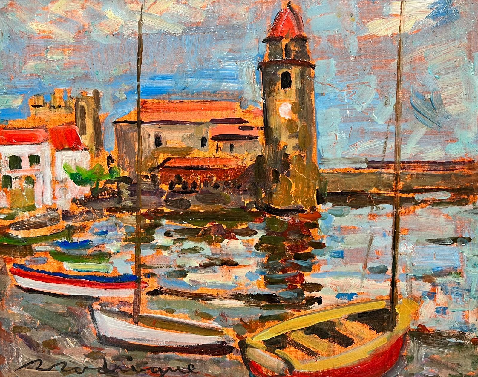 20th Century French School Landscape Painting - Signed French Post Impressionist Oil Collioure Harbor Fishing Boats France
